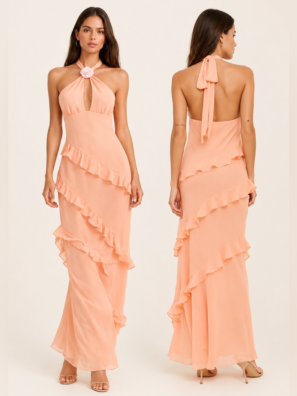 For Love & Lemons Kamory Peach Ruffle Halter Backless Maxi Dress L